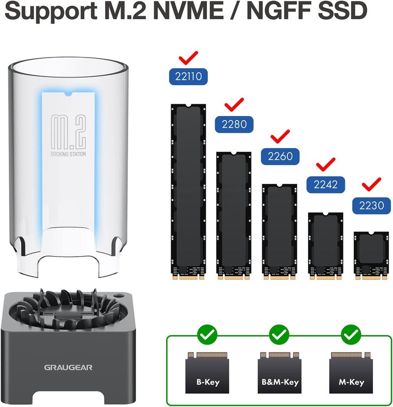 GRAUGEAR M.2 NVMe SATA PCIe SSD Enclosure Adapter Docking Station with Cooling Fan, USB3.2 Gen2 10Gbps M.2 SSD External Case USB C, Support UASP and Trim, M2 NVMe NGFF M Key B+M Key, RTL9210B Chipset - Image 4